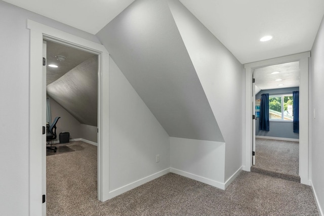bonus room featuring recessed lighting, carpet, lofted ceiling, and baseboards