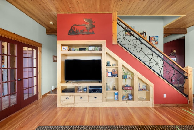 40 Happy Jack Rd, Curlew, WA 99118 - living room featuring wood ceiling, wood finished floors, french doors, built in features, and baseboards