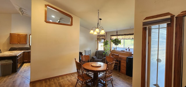 1527 Pingston Creek Rd, Kettle Falls, WA 99141 - dining area featuring light wood finished floors, track lighting, vaulted ceiling, and baseboards