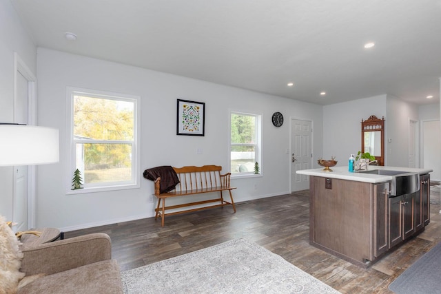 kitchen featuring dark wood-type flooring, sink, a kitchen island with sink, and dark brown cabinets