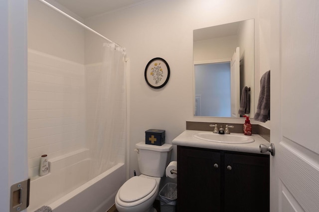 full bathroom with vanity, shower / bath combination with curtain, and toilet