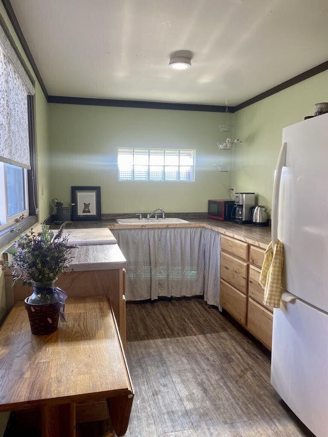 kitchen featuring dark wood-style floors, crown molding, light countertops, freestanding refrigerator, and a sink