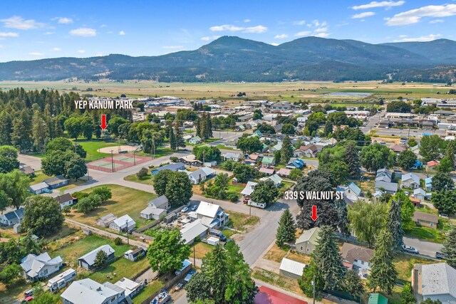 drone / aerial view featuring a mountain view