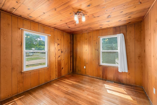 spare room with light hardwood / wood-style flooring, wood ceiling, and wooden walls