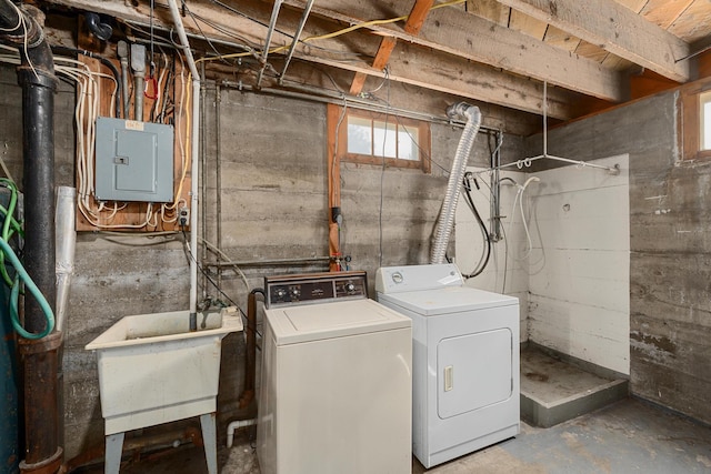 laundry room featuring sink, electric panel, and washing machine and dryer