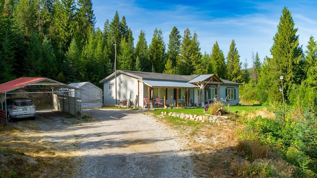 view of front of house featuring a detached carport, driveway, and a view of trees