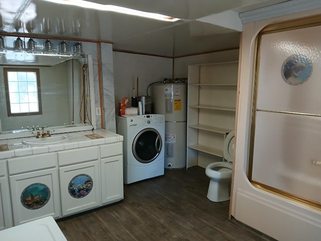 4224 Grouse Creek Rd Unit C, Loon Lake, WA 99148 - washroom with dark wood finished floors, laundry area, a sink, washer / dryer, and electric water heater