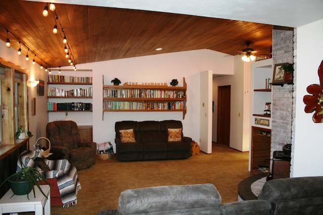 4738 Price Rd, Clayton, WA 99110 - carpeted living area featuring track lighting, a ceiling fan, wood ceiling, and built in features
