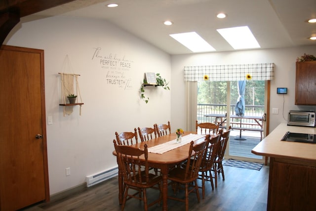 4738 Price Rd, Clayton, WA 99110 - dining space with a skylight, recessed lighting, dark wood finished floors, vaulted ceiling, and baseboard heating