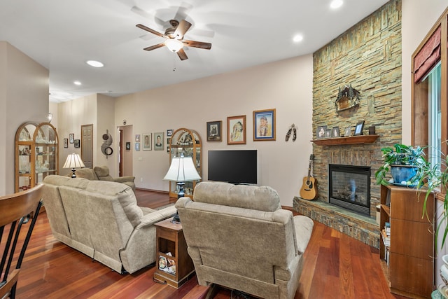 420 Palmer Ln, Chewelah, WA 99109 - living room with a stone fireplace, a ceiling fan, wood finished floors, and recessed lighting