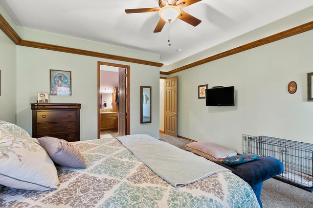 420 Palmer Ln, Chewelah, WA 99109 - bedroom featuring baseboards, carpet flooring, ensuite bathroom, and a ceiling fan
