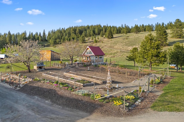 view of jungle gym featuring a garden, an outbuilding, and a rural view