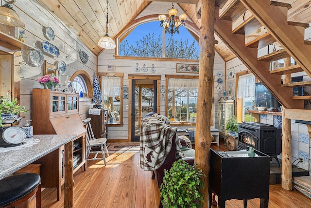 717 Conrad Hill Way, Colville, WA 99114 - interior space with wooden walls, hardwood / wood-style floors, wood ceiling, plenty of natural light, and a wood stove
