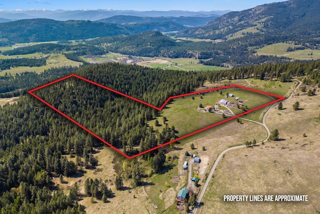 aerial view with a view of trees and a mountain view