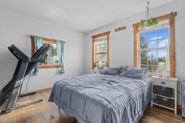 bedroom with baseboards and wood finished floors