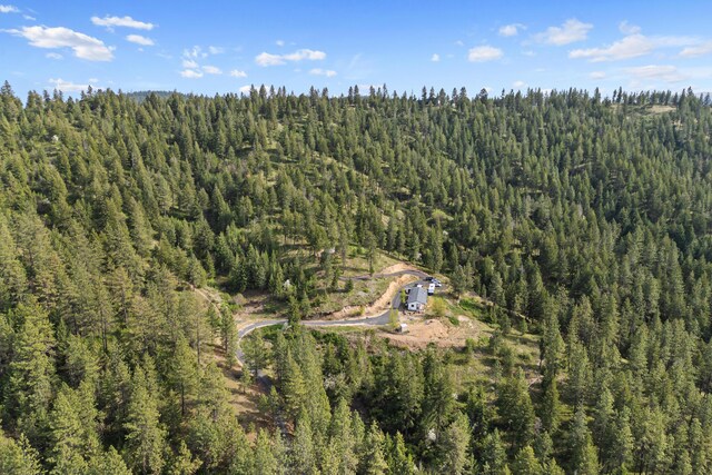 drone / aerial view with a wooded view