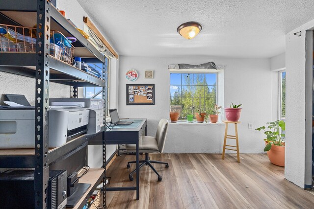 home office featuring a textured ceiling and wood finished floors
