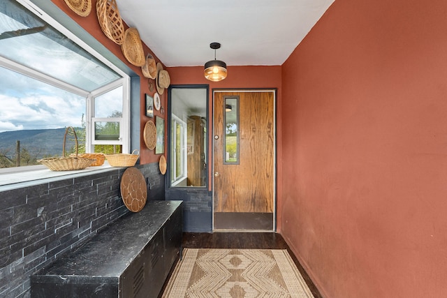 1625 Bear Mountain Way, Kettle Falls, WA 99141 - mudroom with baseboards, a mountain view, and dark wood-type flooring