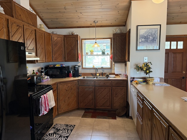 11 Crestview Dr, Kettle Falls, WA 99141 - kitchen with black appliances, under cabinet range hood, vaulted ceiling, wooden ceiling, and light countertops