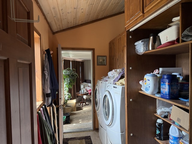 11 Crestview Dr, Kettle Falls, WA 99141 - washroom with independent washer and dryer, cabinet space, crown molding, and wooden ceiling