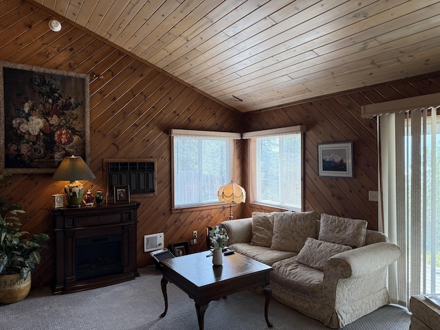 11 Crestview Dr, Kettle Falls, WA 99141 - living room featuring wooden ceiling, healthy amount of natural light, carpet, wooden walls, and a fireplace
