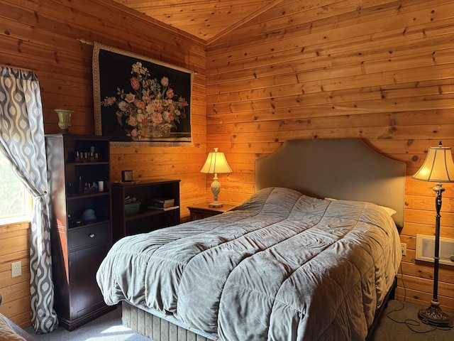 11 Crestview Dr, Kettle Falls, WA 99141 - carpeted bedroom featuring wooden walls, vaulted ceiling, and wood ceiling