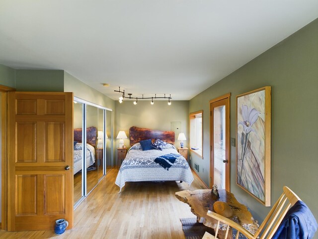 bedroom featuring rail lighting, a closet, and light wood-type flooring