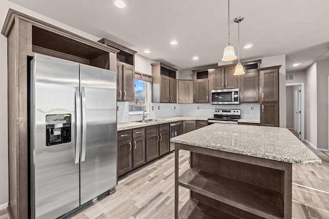 906 Valley Ave, Chewelah, WA 99109 - kitchen featuring visible vents, open shelves, dark brown cabinets, a sink, and stainless steel appliances