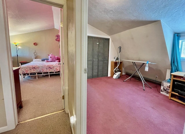 misc room featuring carpet, a textured ceiling, and lofted ceiling