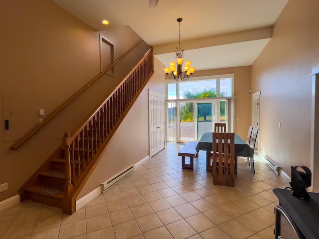 dining area featuring light tile patterned floors, stairs, a baseboard heating unit, and a notable chandelier