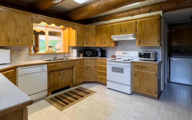 kitchen with sink, washer / clothes dryer, white appliances, wooden ceiling, and beamed ceiling