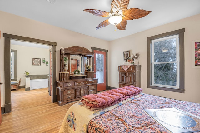 bedroom featuring light hardwood / wood-style flooring and ceiling fan