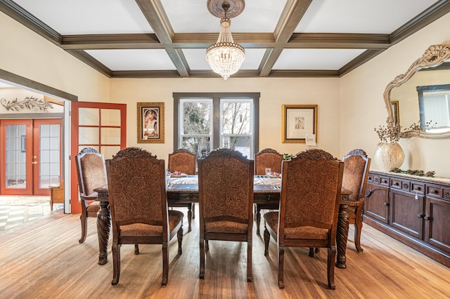 dining space with coffered ceiling, french doors, and beamed ceiling