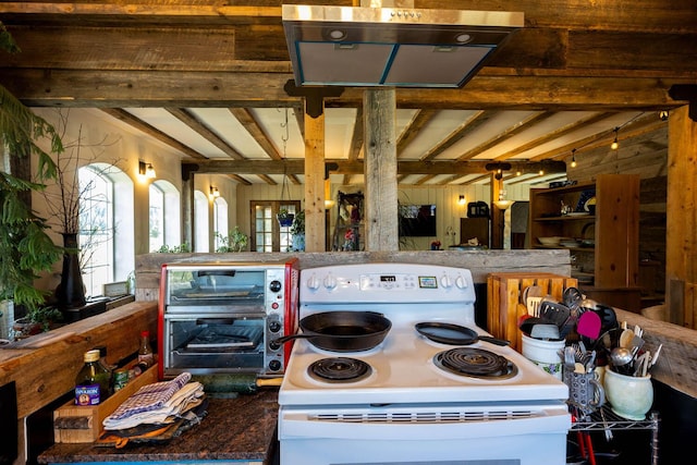 4004 Northport Flat Creek Rd, Northport, WA 99157 - kitchen featuring electric range and beam ceiling