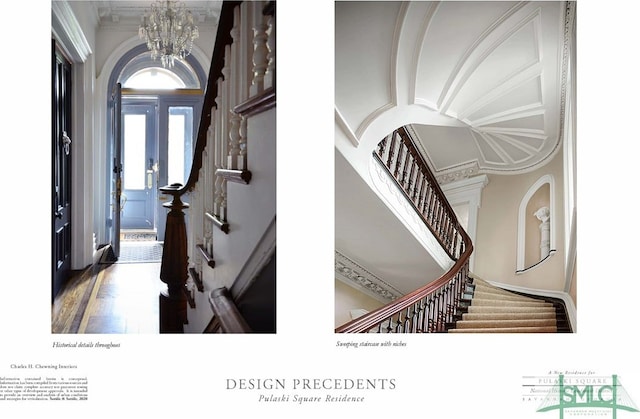 staircase with french doors, ornamental molding, a notable chandelier, and dark hardwood / wood-style flooring