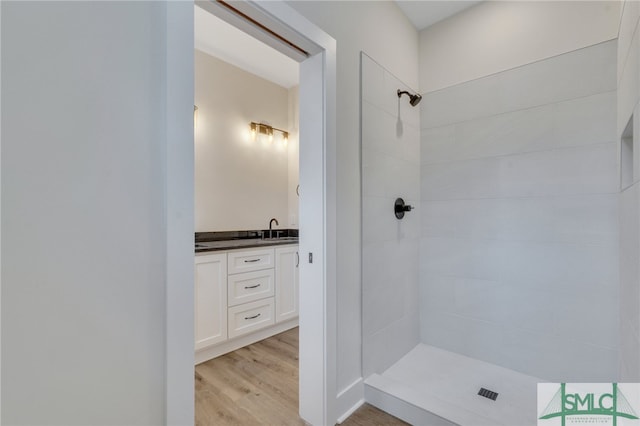 49 Salt Marsh Dr, Midway, GA 31320 - bathroom featuring tiled shower, vanity, and hardwood / wood-style floors