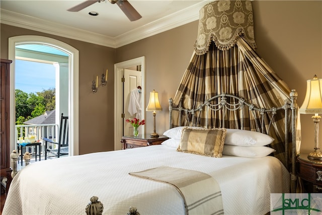 bedroom featuring ceiling fan, ornamental molding, and access to outside