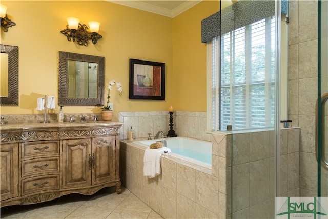 bathroom featuring tile patterned floors, vanity, shower with separate bathtub, and ornamental molding