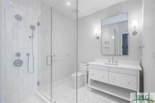 bathroom featuring tile patterned floors, visible vents, toilet, a shower stall, and vanity