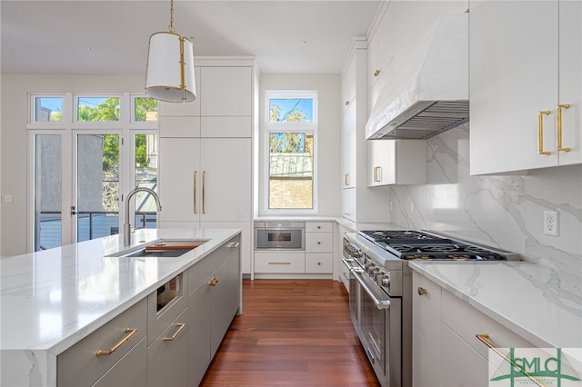 kitchen with backsplash, dark wood-type flooring, range hood, stainless steel appliances, and a sink