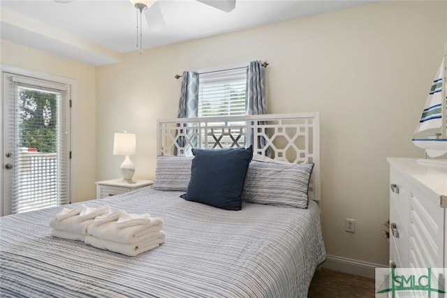 bedroom with ceiling fan and access to outside