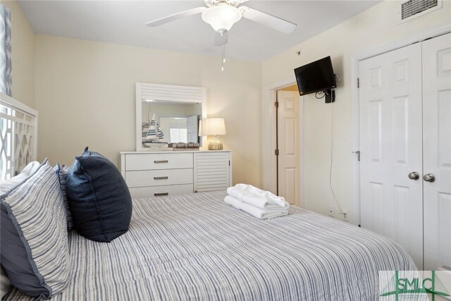 bedroom featuring ceiling fan and a closet