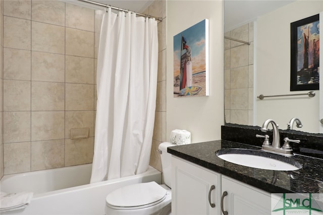 full bathroom featuring shower / bathtub combination with curtain, toilet, and vanity with extensive cabinet space