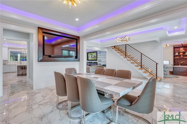 tiled dining area with a notable chandelier