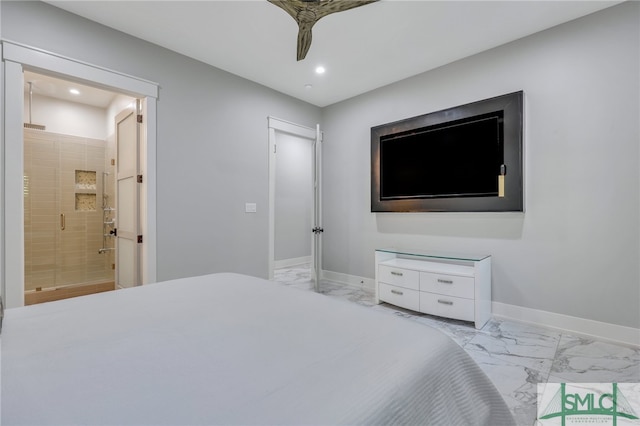 tiled bedroom with ceiling fan and ensuite bathroom