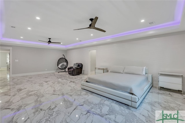 unfurnished bedroom with a tray ceiling, ceiling fan, and light tile floors