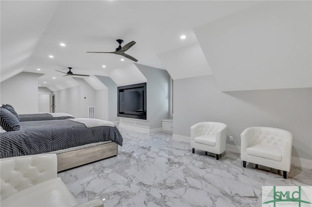 bedroom with lofted ceiling, light tile floors, and ceiling fan