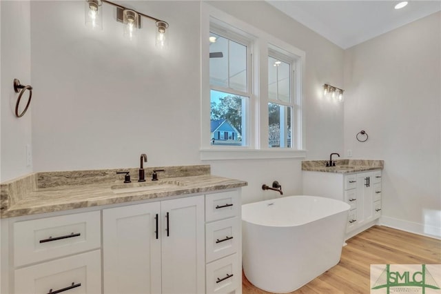 bathroom with hardwood / wood-style flooring, vanity, and a bath