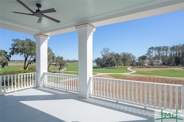 view of terrace featuring ceiling fan and covered porch