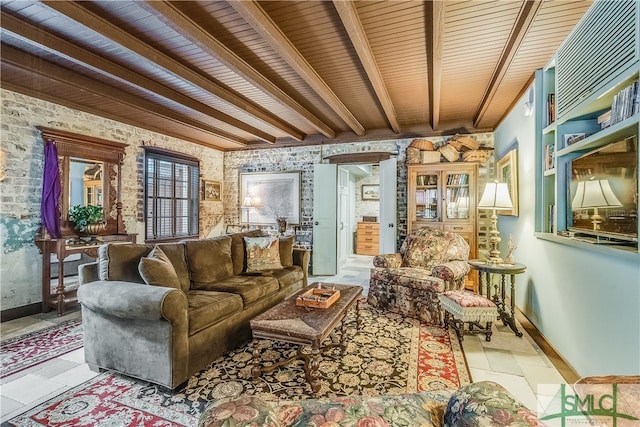 living room featuring beamed ceiling, tile flooring, french doors, and wood ceiling